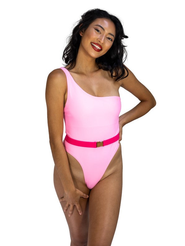 DISCO SWIM Trendy Sexy Pink One Shoulder High Waist Belted Cheeky